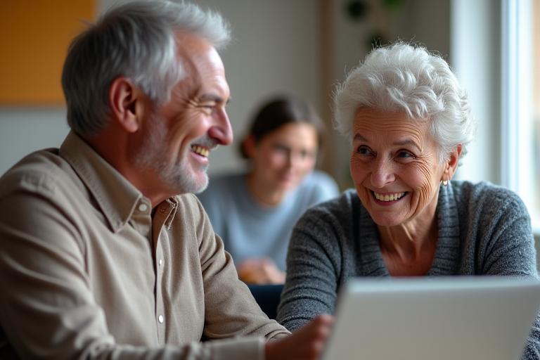 Un formateur souriant aidant une participante sur son ordinateur portable.
