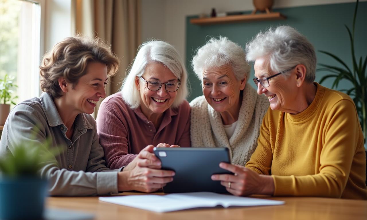 Un groupe de seniors souriants apprenant à utiliser une tablette avec un formateur.